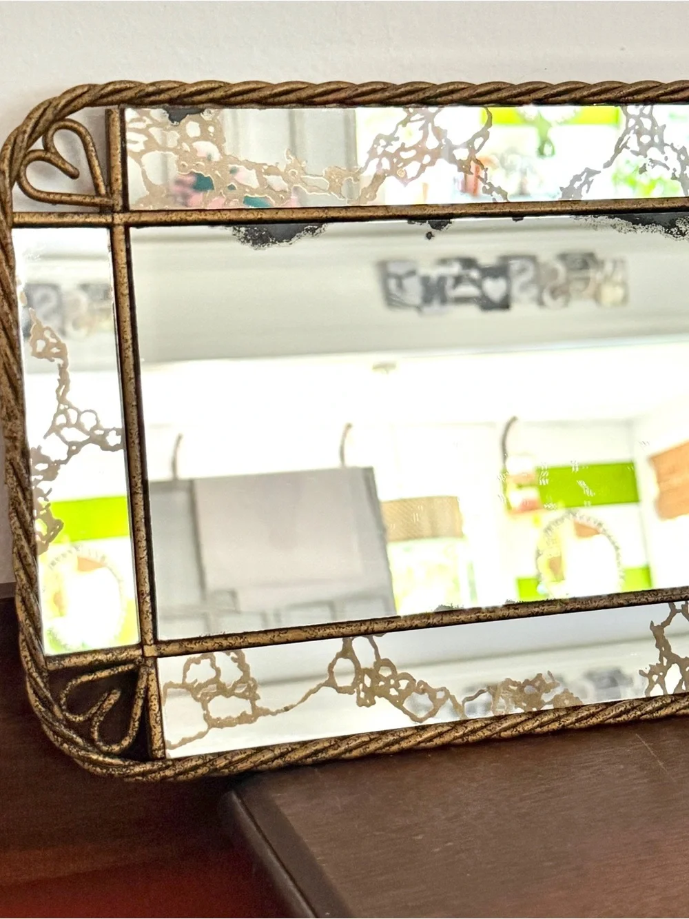 Rectangle Mirror Wall Hanging Vanity Tray 1960’s Vintage Metal Twist Frame Heart